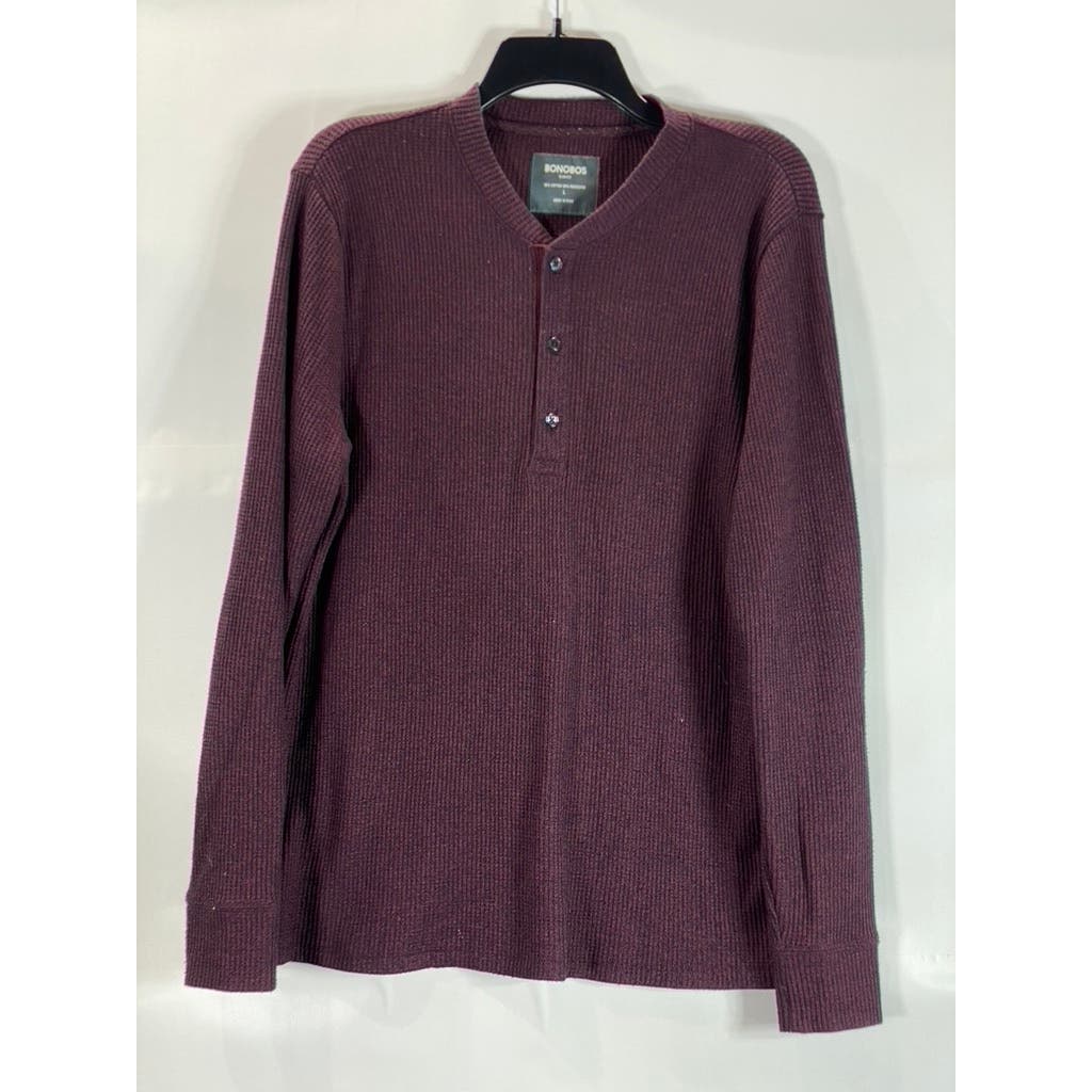 BONOBOS Men's Burgundy Slim-Fit Waffle Knit Long Sleeve Henley Shirt SZ L