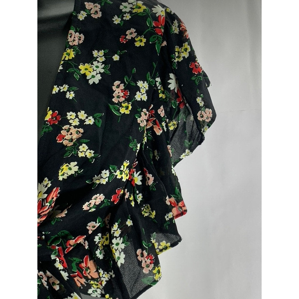 JILL JILL STUART Women’s Black Floral Flutter Sleeve Wrap Crop Top SZ S
