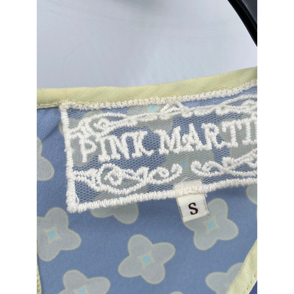 PINK MARTINI Women's Blue-Yellow Floral Square-Neck Relaxed-Fit Top SZ S