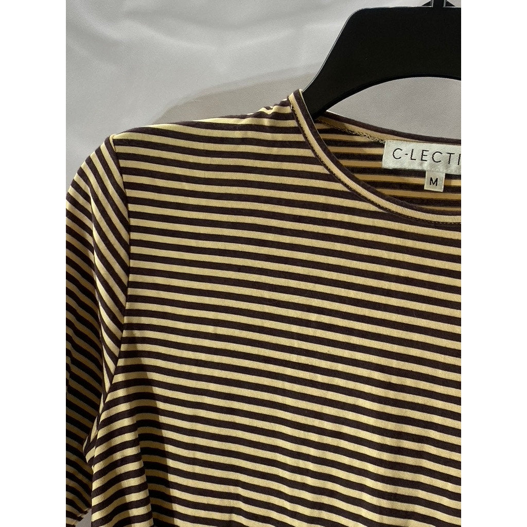 C-LECTIVE Women’s Tan-Brown Striped Crewneck 3/4 Sleeve Top SZ M