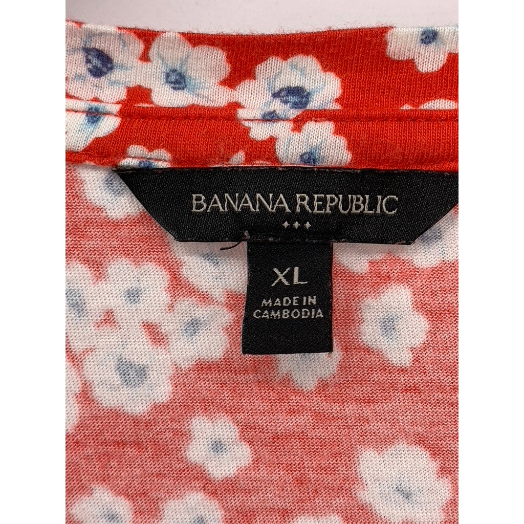 BANANA REPUBLIC Women's Red-White Cotton-Blend Floral Flutter Sleeve Top XZ XL