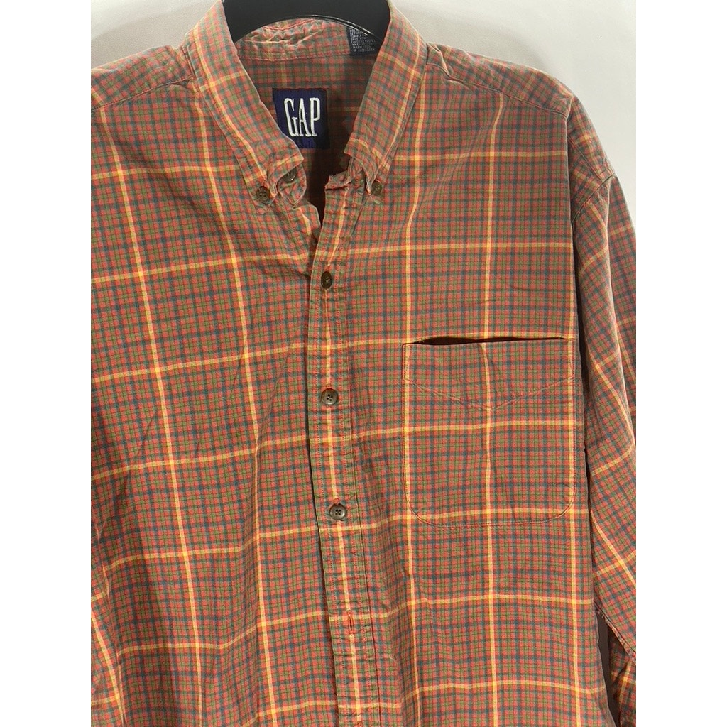 GAP Men’s 90’s Vintage Brown Check Regular-Fit Button-Up Long Sleeve Shirt SZ L