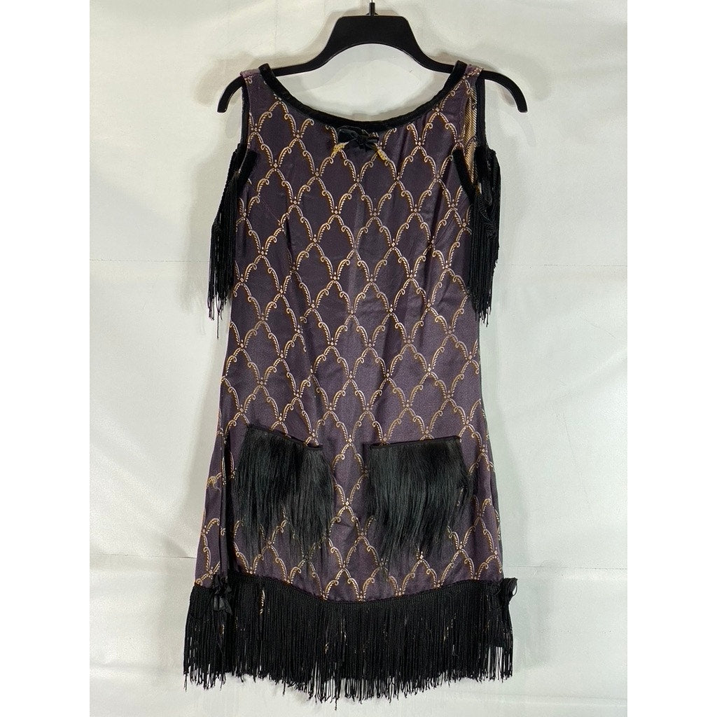 VINTAGE Unbranded Women's Purple/Nude Fringe Open-Back Mini Flapper Dress SZ M