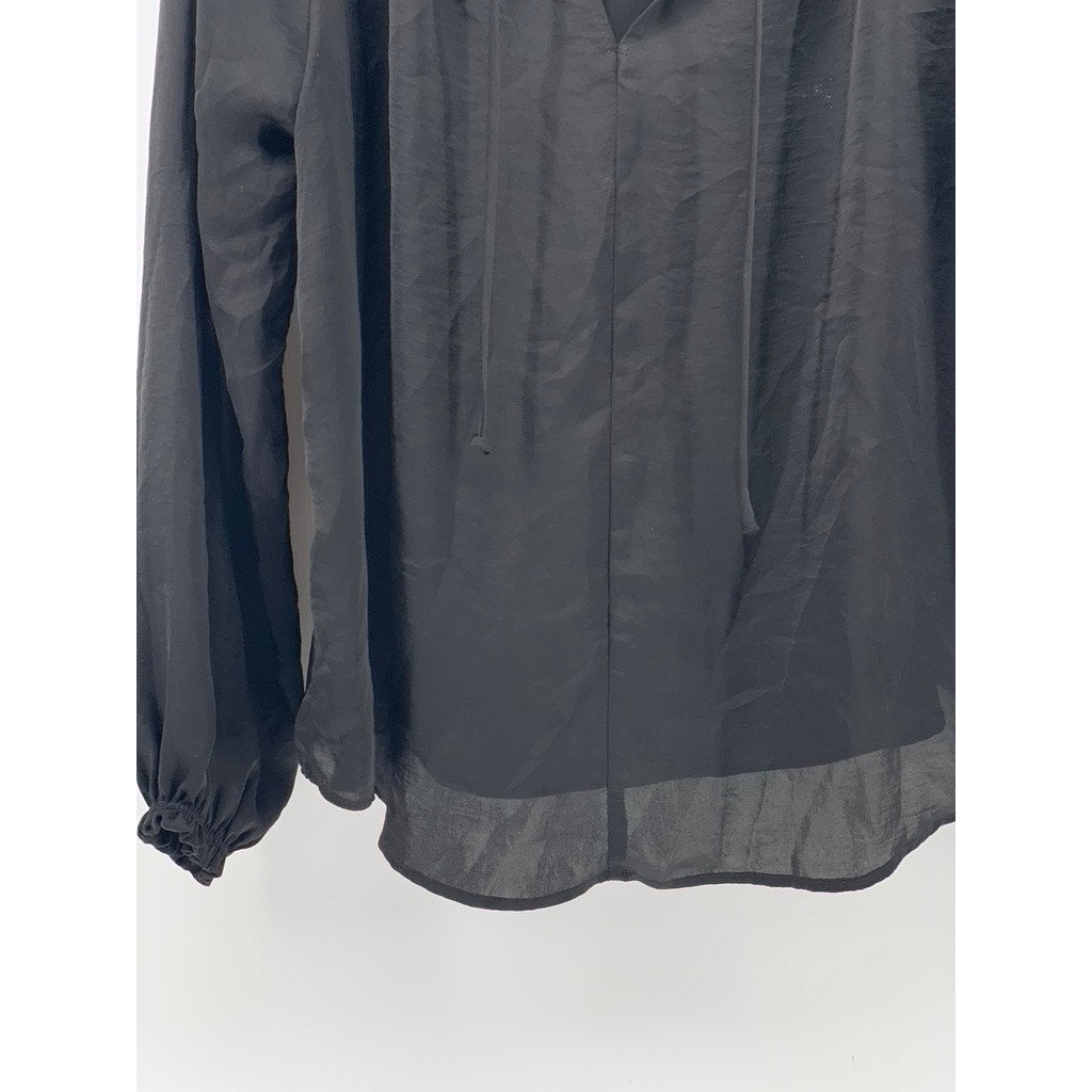 EIGHT SIXTY Women's Black Sheer Ruffle Long Sleeve Tie-Neck Top SZ S