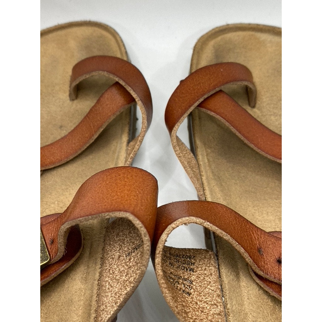 TIME & TRU Women's Brown Leather Toe-Strap Slip-On Flat Sandals SZ 6