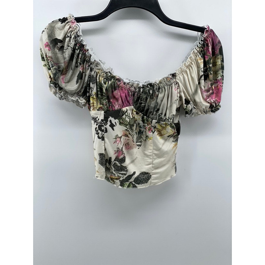 URBAN OUTFITTERS Women's White Floral Ruffle Corset Cropped Top SZ XS
