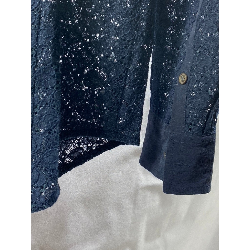 CLUB MONACO Women's Navy Floral Lace Button-Up Long Sleeve Top SZ XS