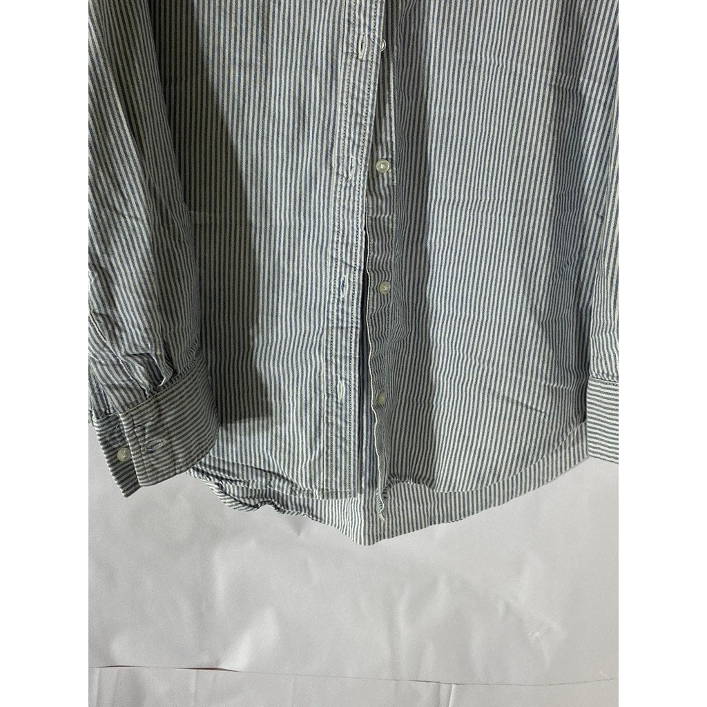 BEACHLUNCHLOUNGE Women's Blue-White Striped Regular-Fit Button-Up Top SZ M