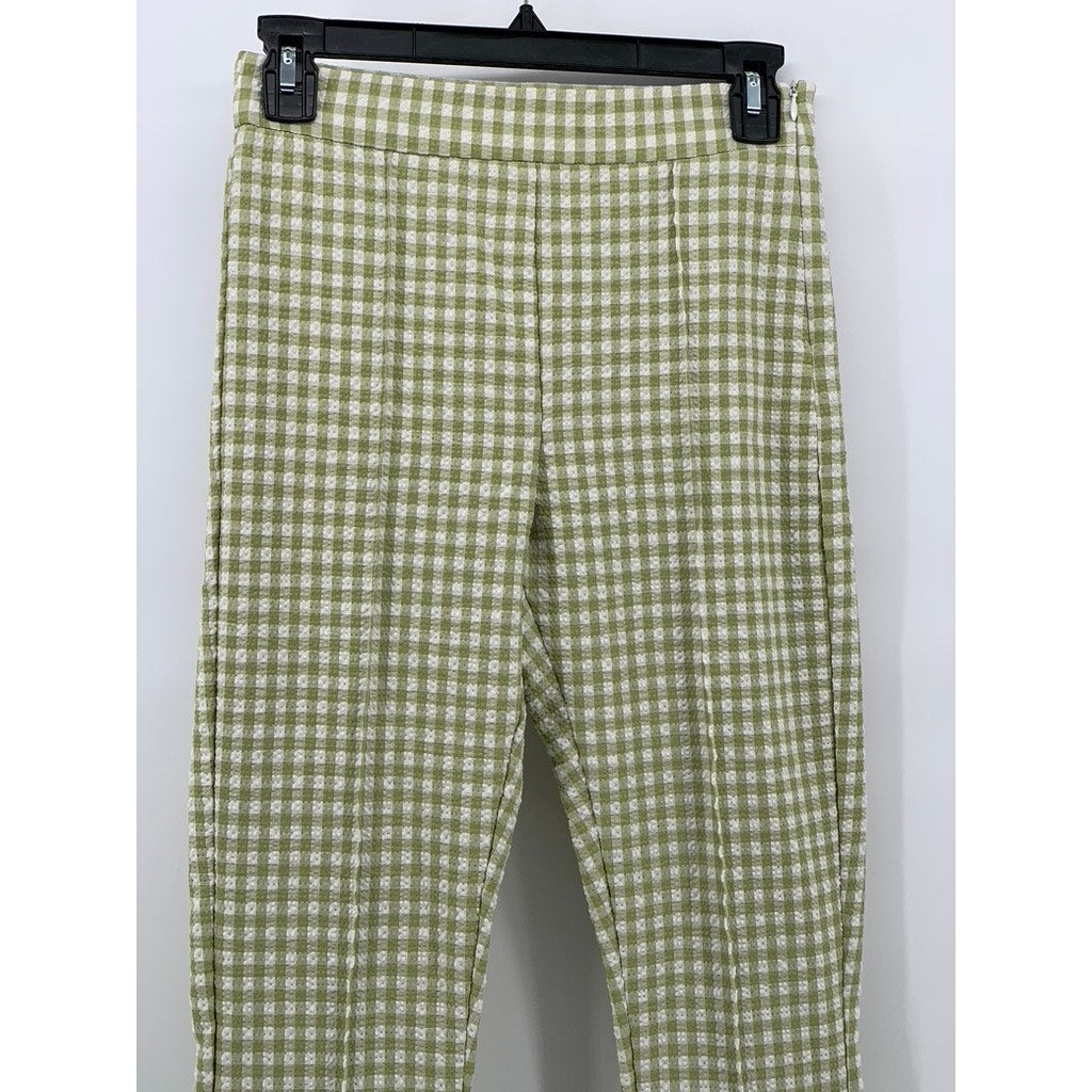 BERSHKA Women's Green-White Gingham Kick Flare Pocketless Split Hem Pant SZ 2