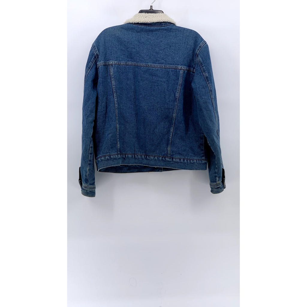 PACSUN Women's Dark Blue Denim Button-Up Sherpa Oversized Trucker Jacket SZ L