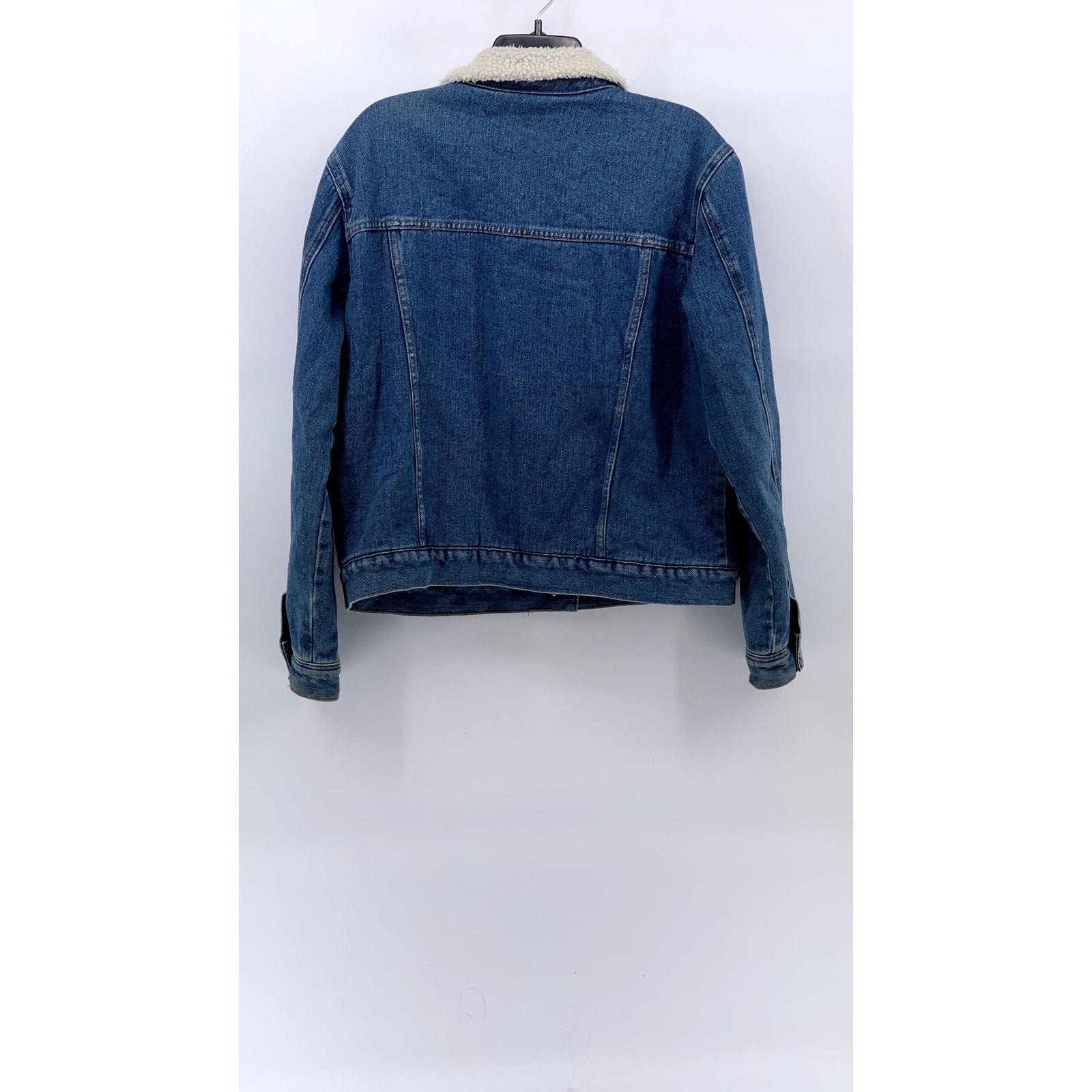 PACSUN Women's Dark Blue Denim Button-Up Sherpa Oversized Trucker Jacket SZ L