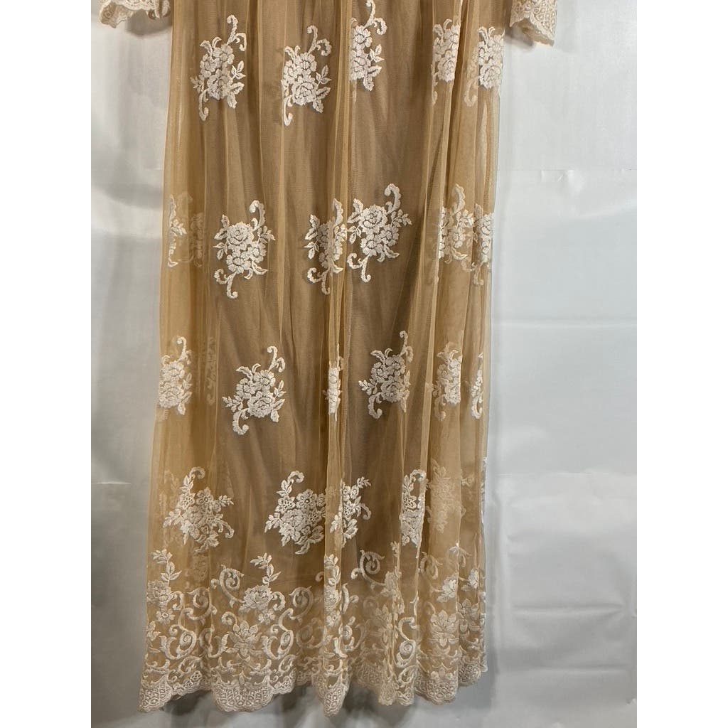 CIDER Women's Tan V-Neck Mesh Floral Lace Long Sleeve Maxi Dress SZ M(US6)