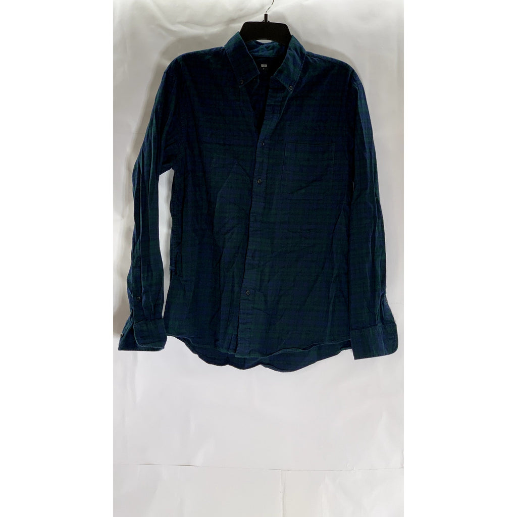 UNIQLO Men's Dark Green-Blue Checkered Regular-Fit Button-Up Flannel Shirt SZ S
