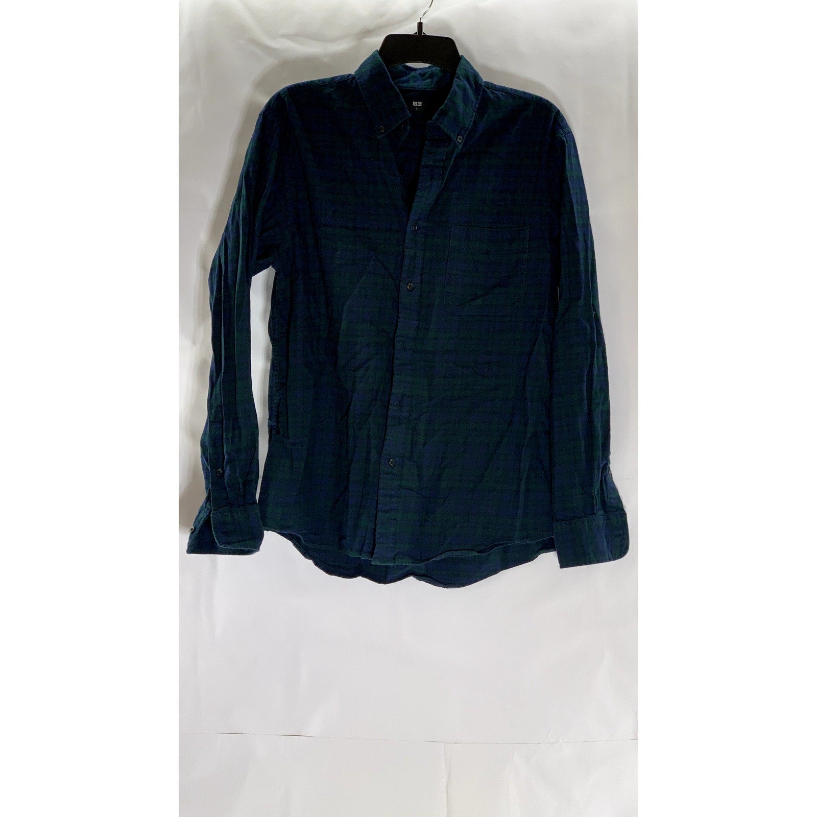 UNIQLO Men's Dark Green-Blue Checkered Regular-Fit Button-Up Flannel Shirt SZ S