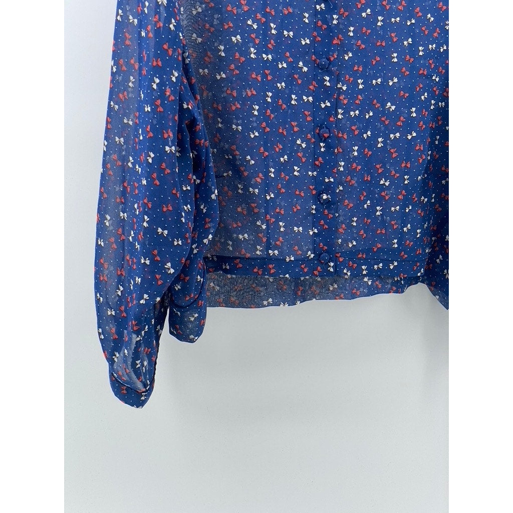 COTTON CANDY Women's Blue Mini Bow Print Button-Up Long Sleeve Sheer Top SZ M