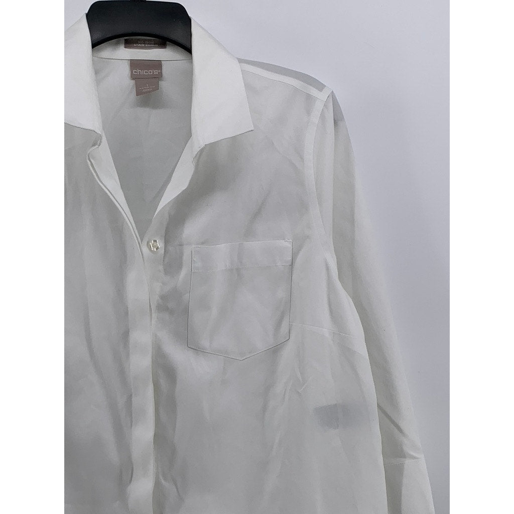 CHICO'S Women's Plus White Solid Stain-Shield Button-Up Top SZ 1