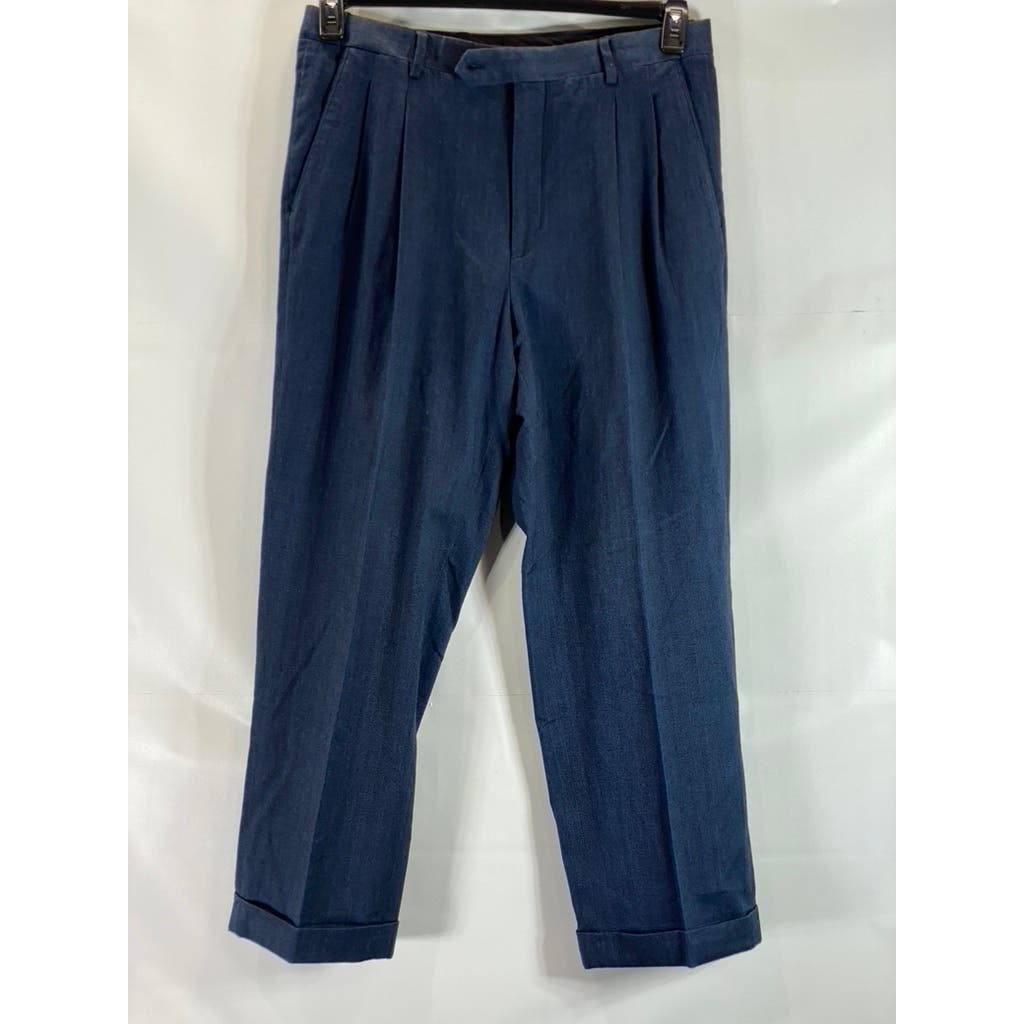 PAUL FREDRICK Men's Navy Cotton Stretch Classic-Fit Pleated Cuffed-Hem Pant SZ35