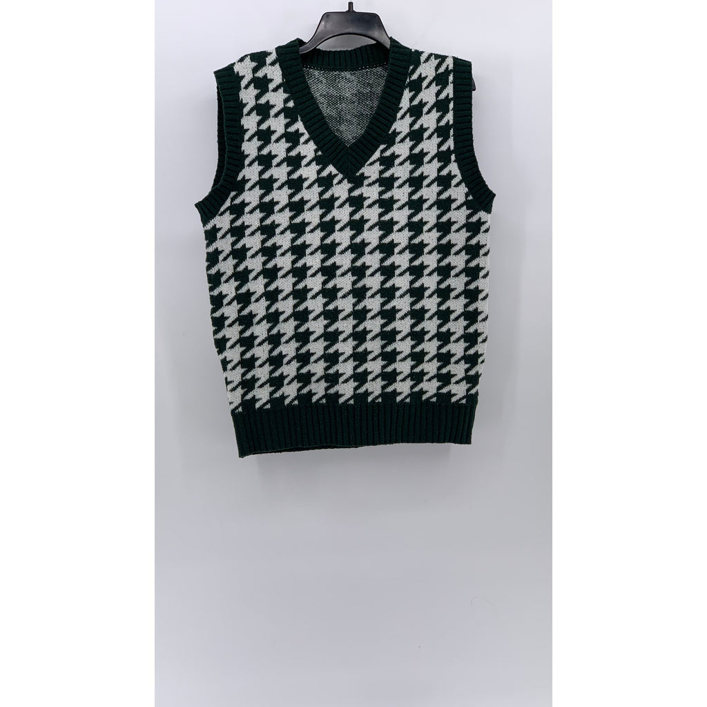 SHEIN Women's Dark Green-White Houndstooth V-Neck Knit Sweater Vest SZ M