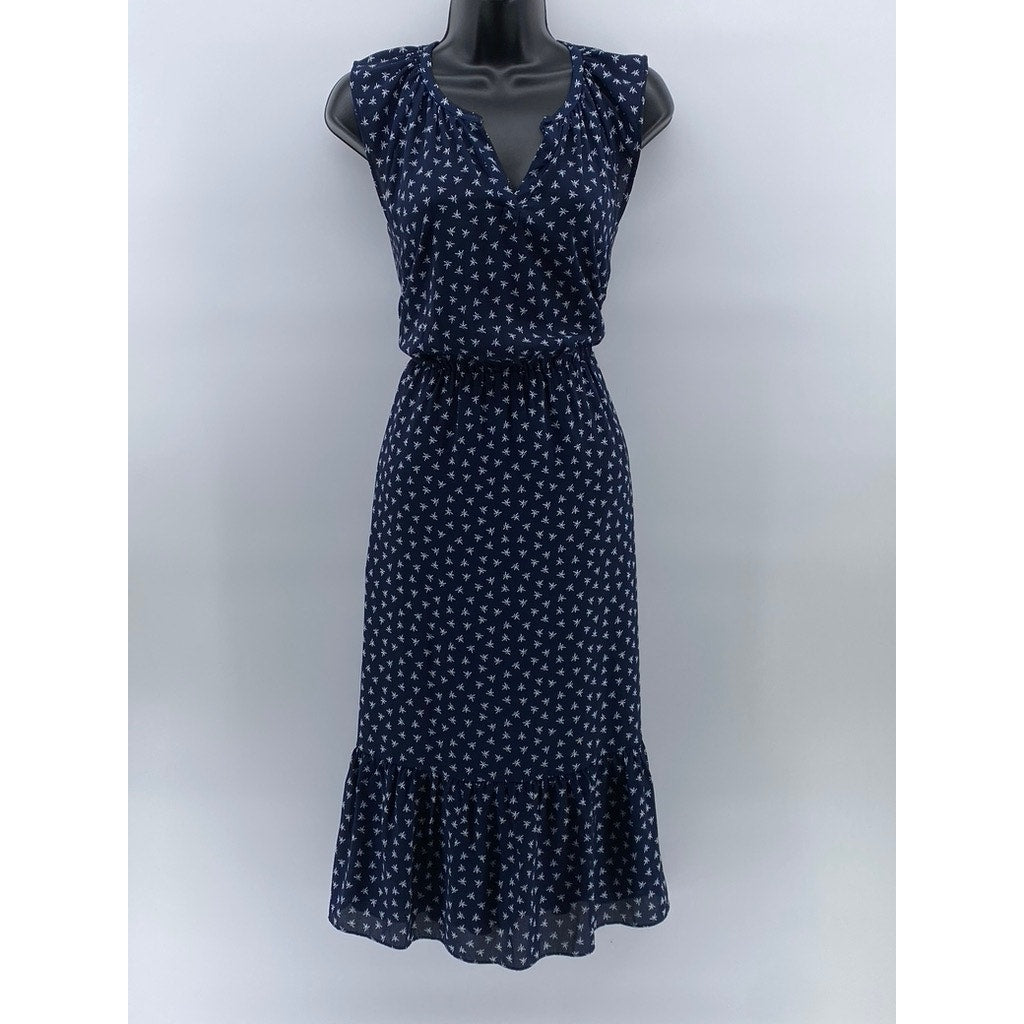 J.CREW MERCANTILE Women's Blue-White Printed Split-Neck Midi A-Line Dress SZ XXS