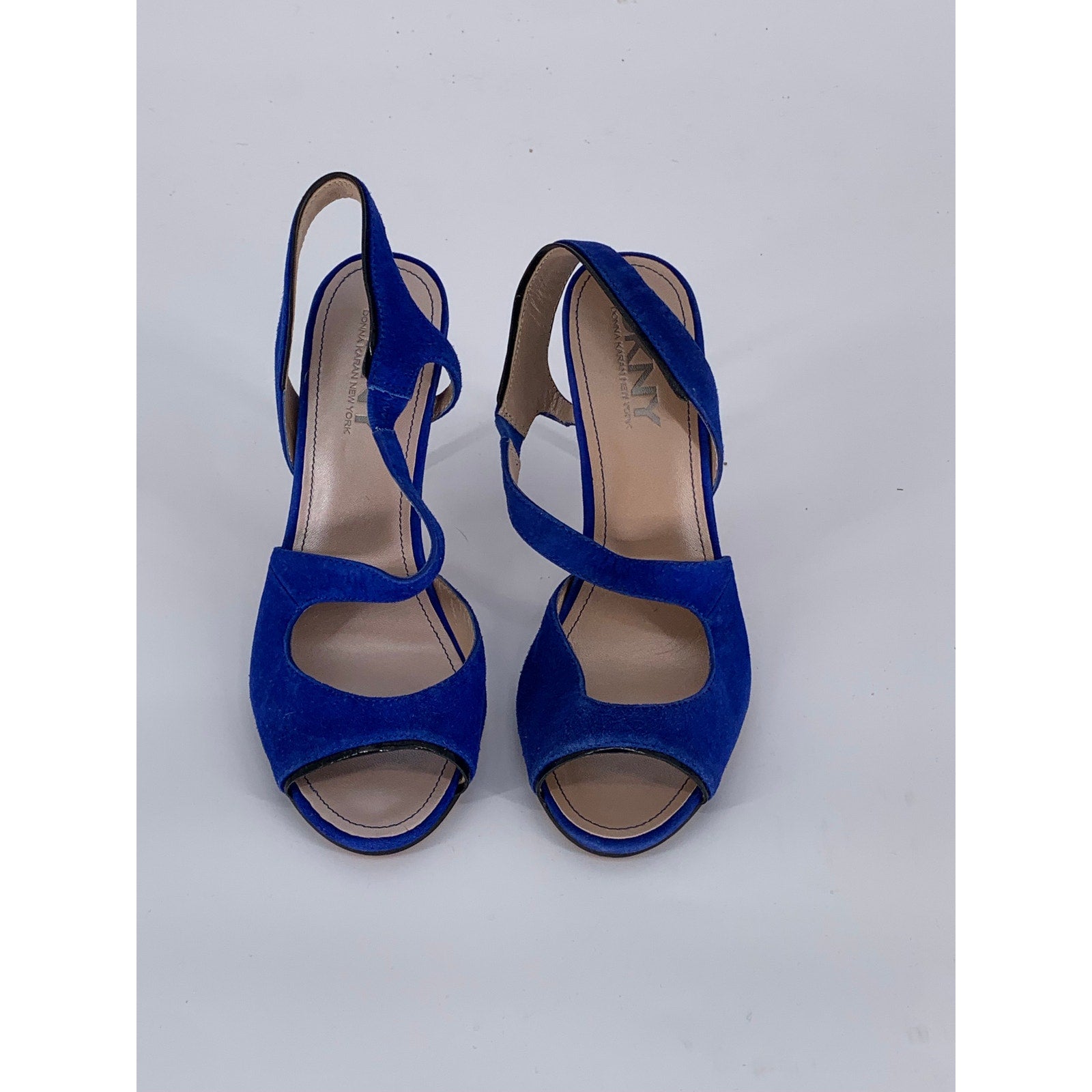 DKNY Women's Cobalt Blue Suede Leather Open-Toe Ankle Strap Stiletto Heels SZ 7