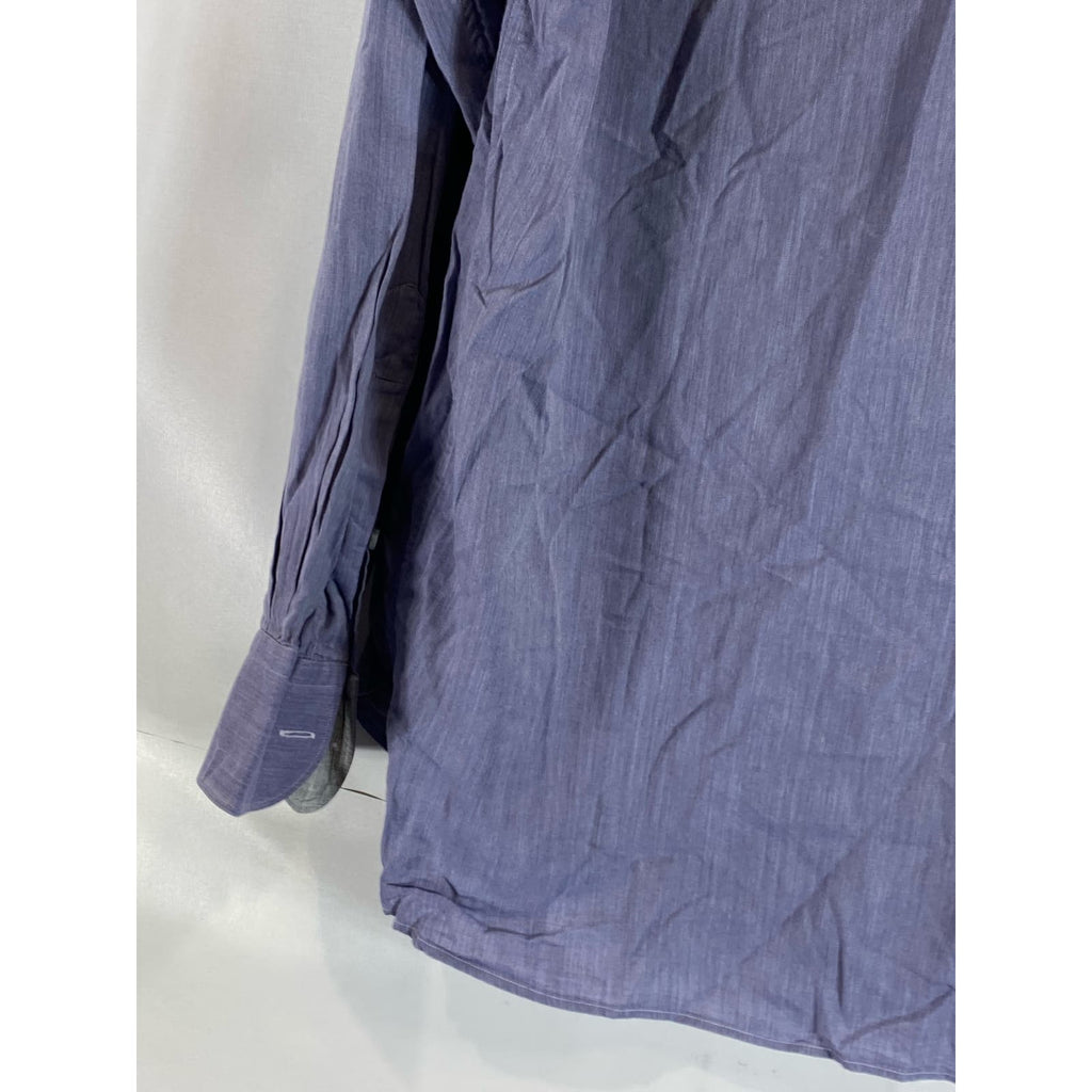 ERMENEGILDO ZEGNA Men's Blue Micro Herringbone Button-Up Long Sleeve Shirt SZ M