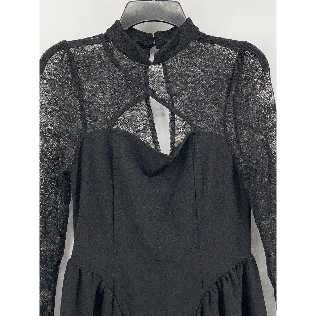 SHEIN Women's Black Lace-Trim Long Sleeve Maxi Dress SZ 6