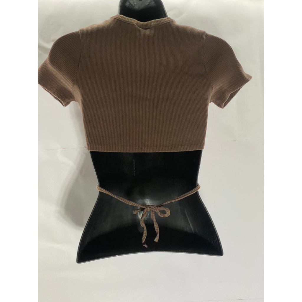UNBRANDED Women's Brown Cropped Hi-Lo Hem Crew Neck Ribbed Top SZ S