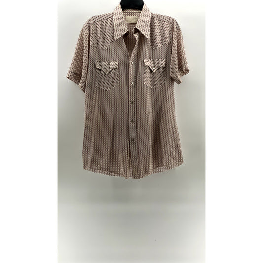 BRONCO WESTERN Men's Vintage Red-Beige Square Print Button-Up Shirt SZ M