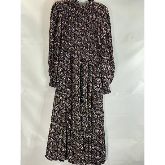 BODEN Women's Black Multi Floral Smocked Tiered Long Sleeve Midi Dress SZ 8R