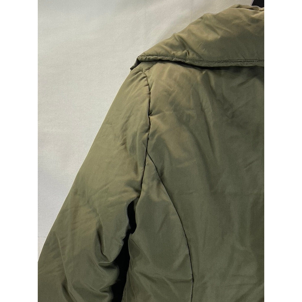 ELLEN TRACY Women's Olive Full-Zip Snap-Button Stand Collar Puffer Jacket SZ S