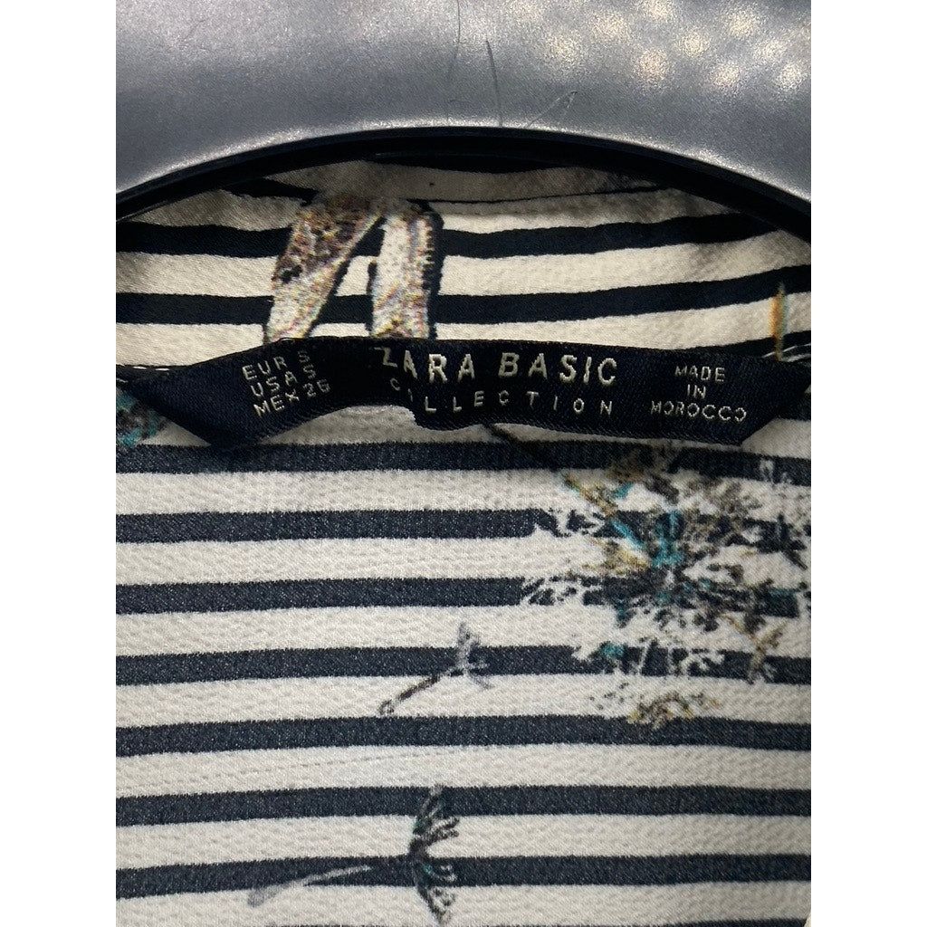 ZARA Women’s Black-Gray Striped Dragonfly Button-Up Long Sleeve Tunic Top SZ S