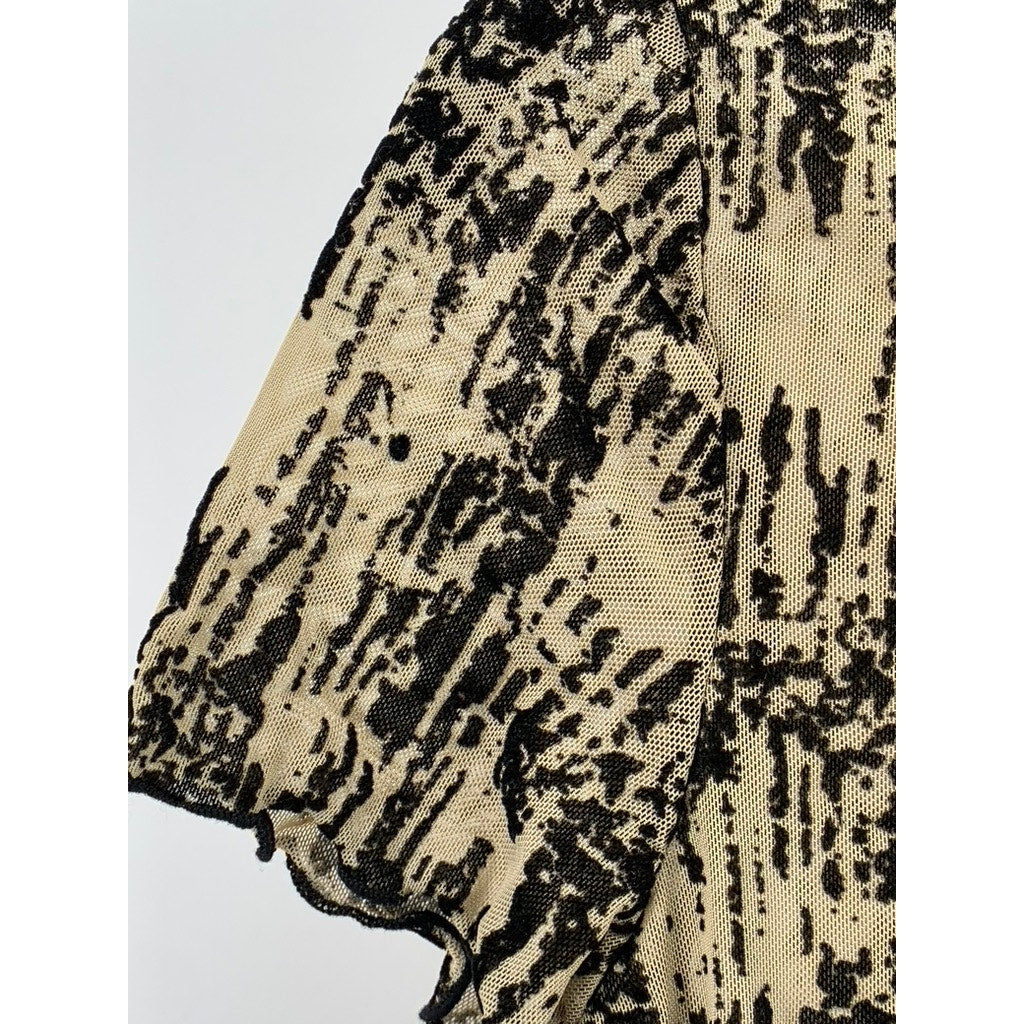 UNBRANDED Women's Black-Brown Printed Short Sleeve Mock-Neck Cropped Top SZ S