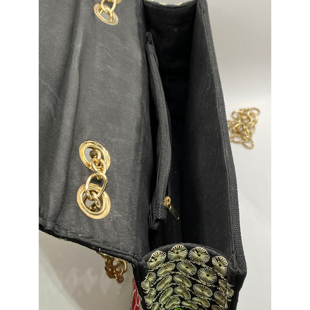 UNBRANDED Women's Black-Multi Dahlia Embroidered Flap Chain-Strap Bag