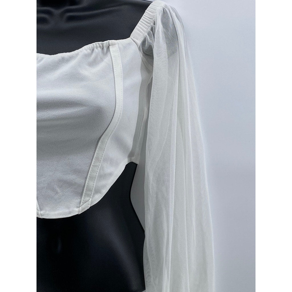 PRETTYLITTLETHING Women's White Shape Corset Sheer Long Sleeve Cropped Top SZ 2