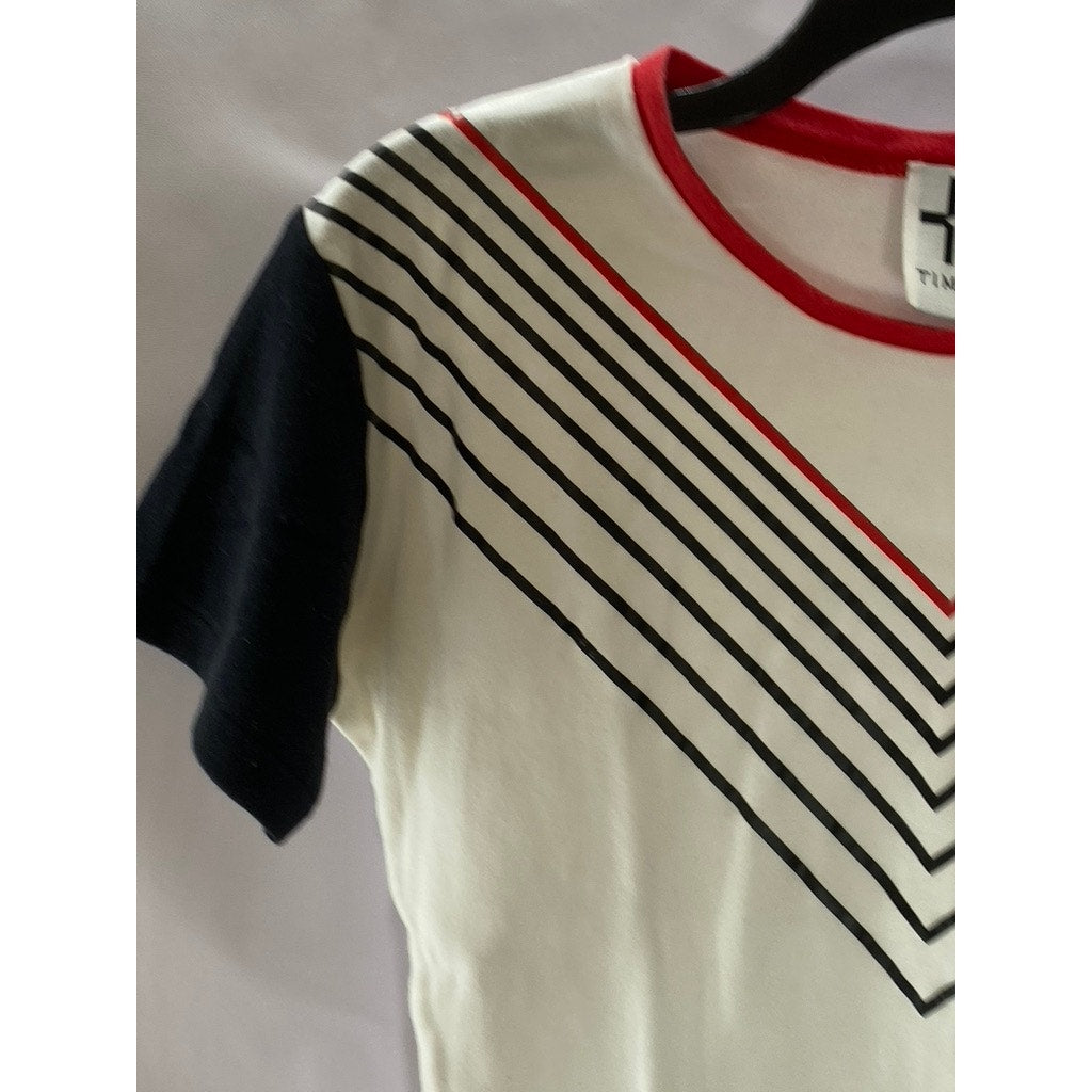 TIMUR KIM Women's White/Black/Red Striped Crewneck Short Sleeve Top SZ S