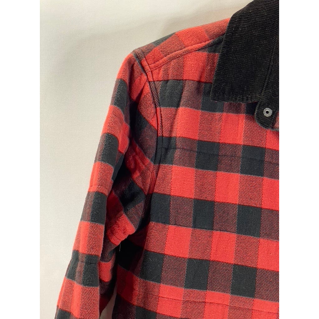 BRIXTON Men's Red/Black Plaid Cass Corduroy-Collar Snap-Button Jacket SZ S