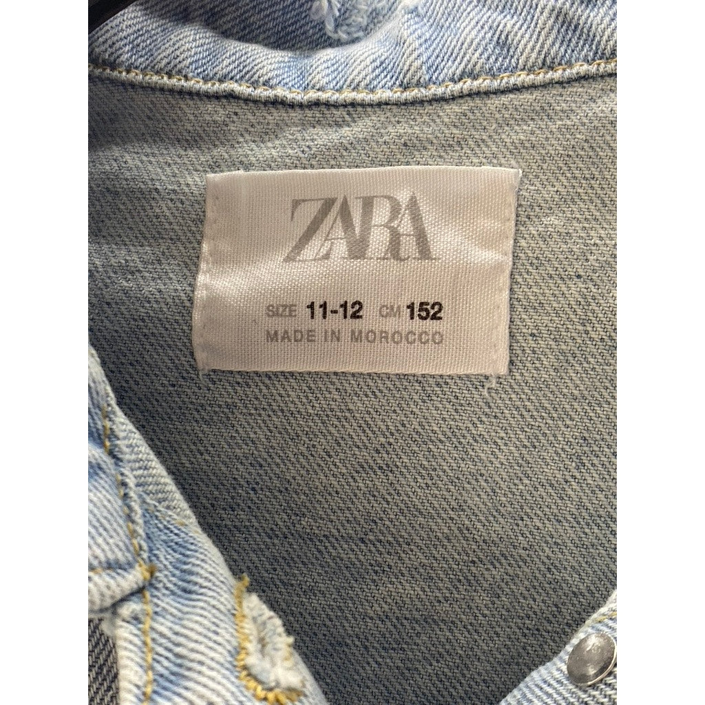 ZARA Girl's Light Blue Denim Basic Button-Up Distressed Jacket SZ 11/12
