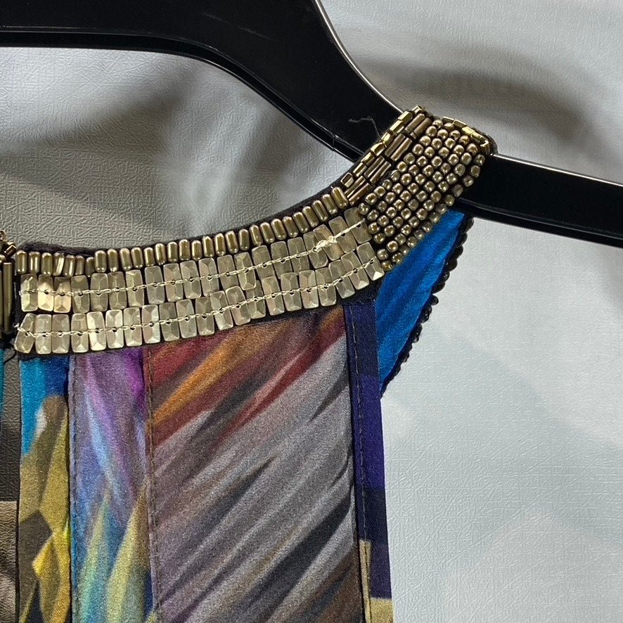 RANNA GILL Women's Blue Multi Tropical Tie-Waist Embellished Halter Dress SZ S