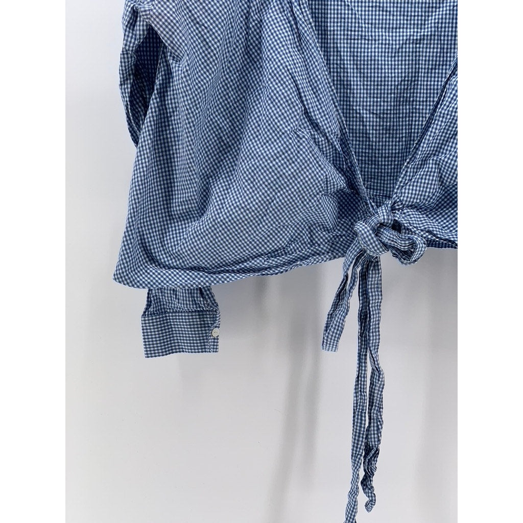 H&M Women's Blue-White Gingham Tie-Front Short Sleeve Cropped Top SZ 6