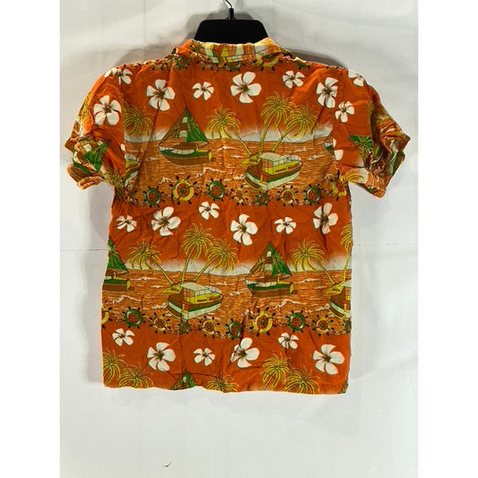 WOMEN'S Orange Tropical Floral Sailboat Print Button-Up Short Sleeve Top SZ 2XL