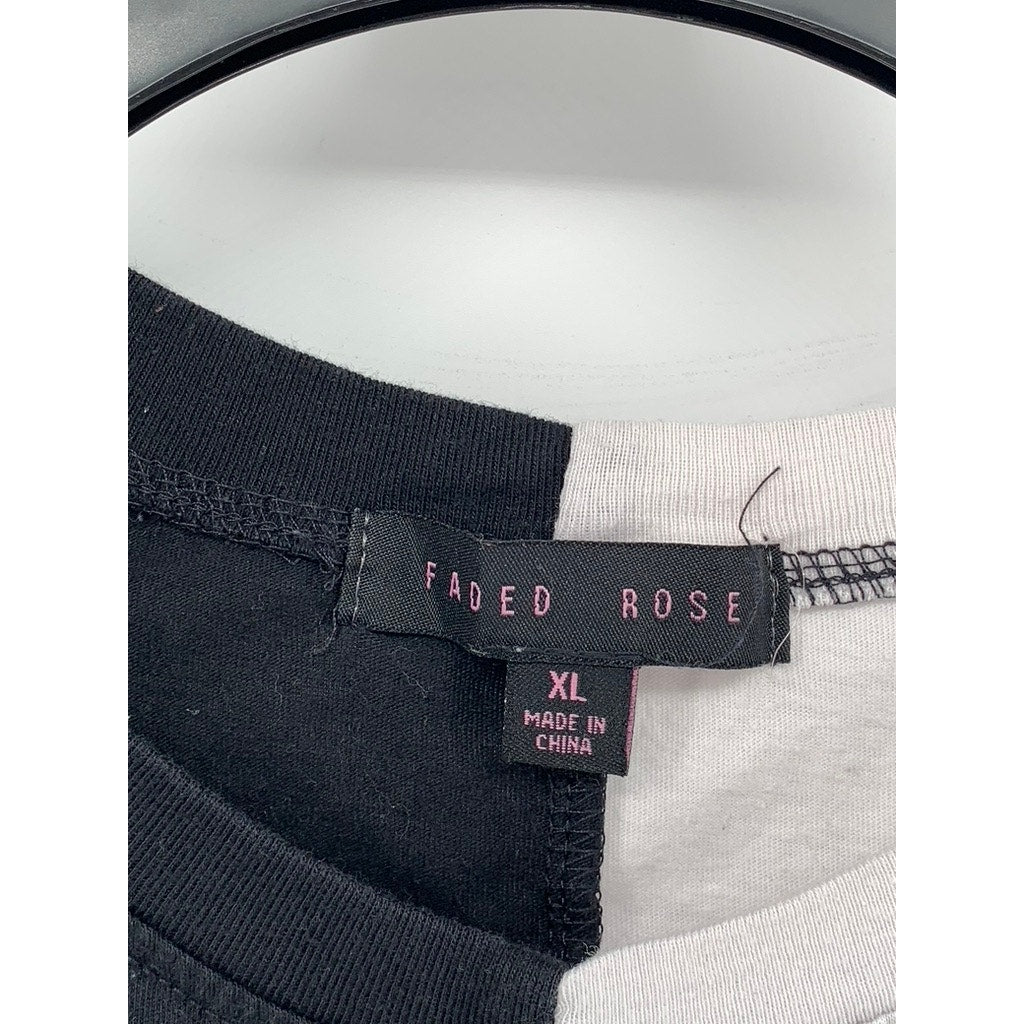 FADED ROSE Women's Black-White Color Block Short Sleeve Cropped Top SZ XL
