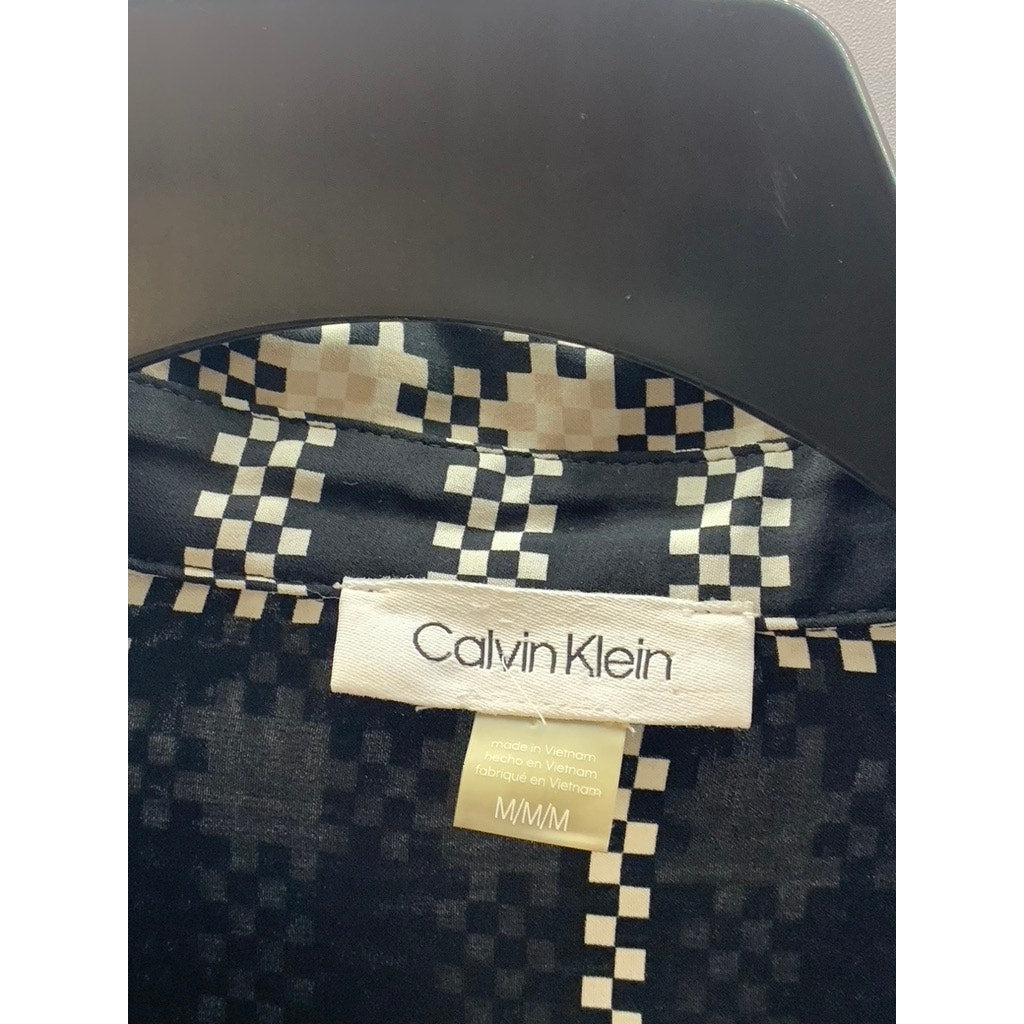 CALVIN KLEIN Women's Black/White Plaid Regular-Fit Button-Up Long Sleeve Top SZM