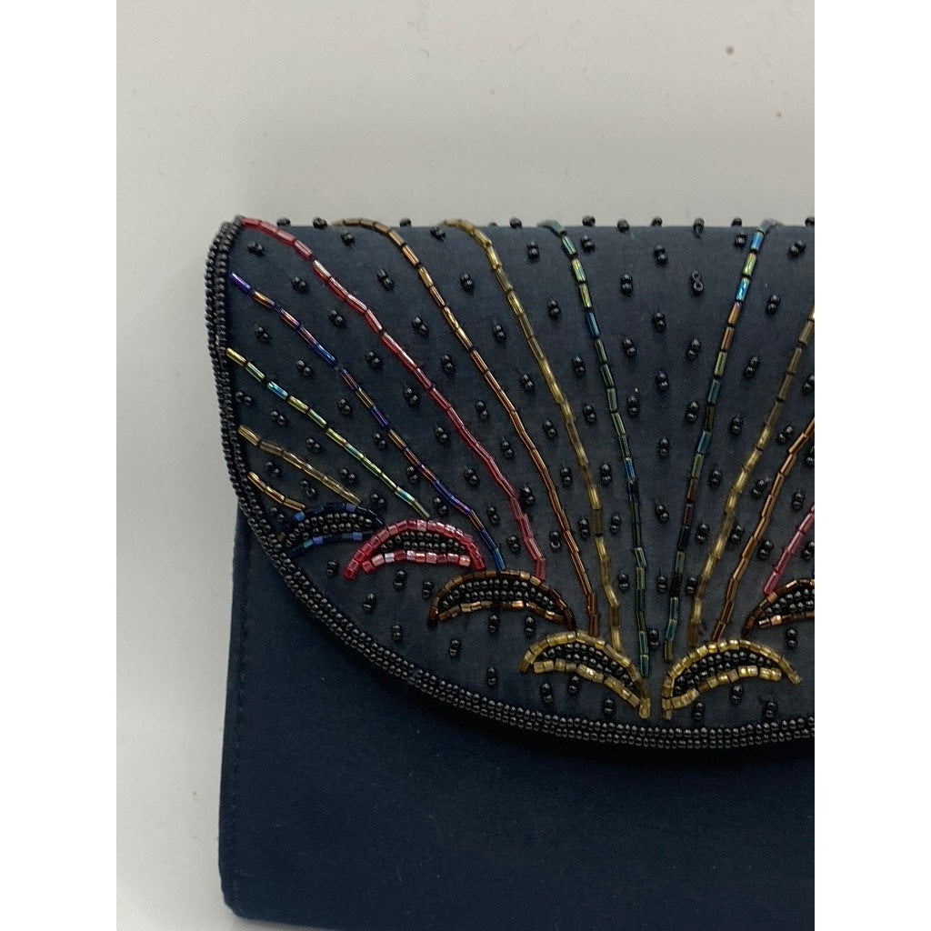 UNBRANDED Women’s Black-Multi Beaded Embellished Vintage Square Clutch Bag SZ OS