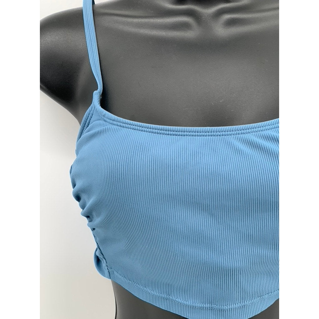 SHADE & SHORE Women's Blue Ribbed Scoop-Neck Cropped Swim Top SZ S