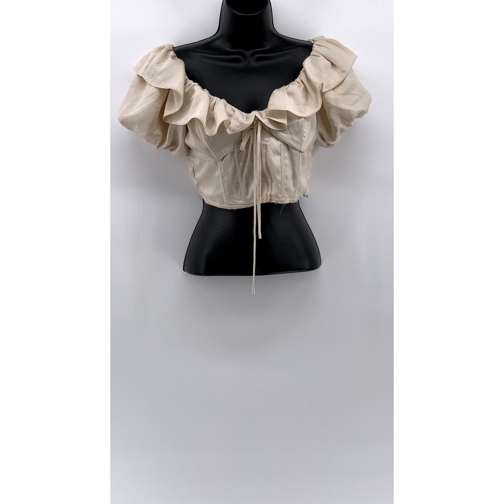 ASTR THE LABEL Women's Beige Satin Ruffle Crop Top SZ S
