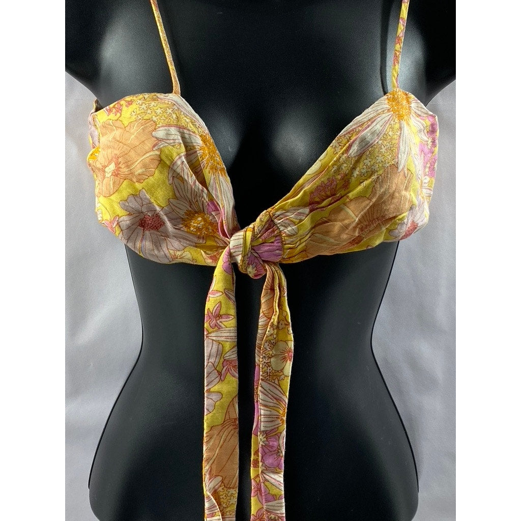 H&M Women's Orange Floral Print Linen-Blend Tie-Front Bralette Top SZ S