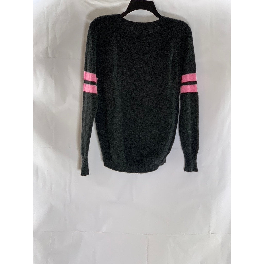 AQUA Women's Dark Gray-Pink "Paris" Logo Crewneck Cashmere Hi-Low Sweater SZ XS