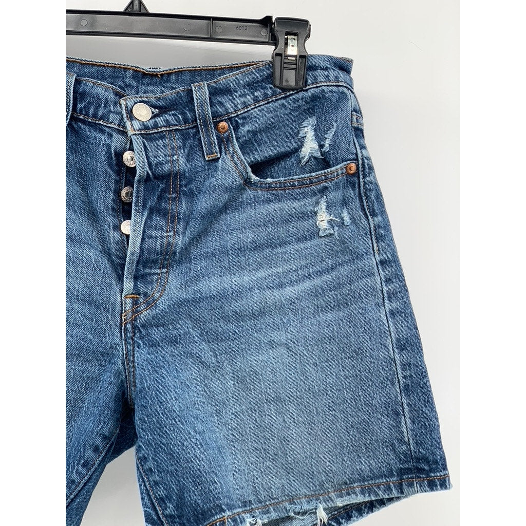 LEVI'S Women's Blue Denim Distressed 501 Button-Fly Regular Fit Shorts SZ 28