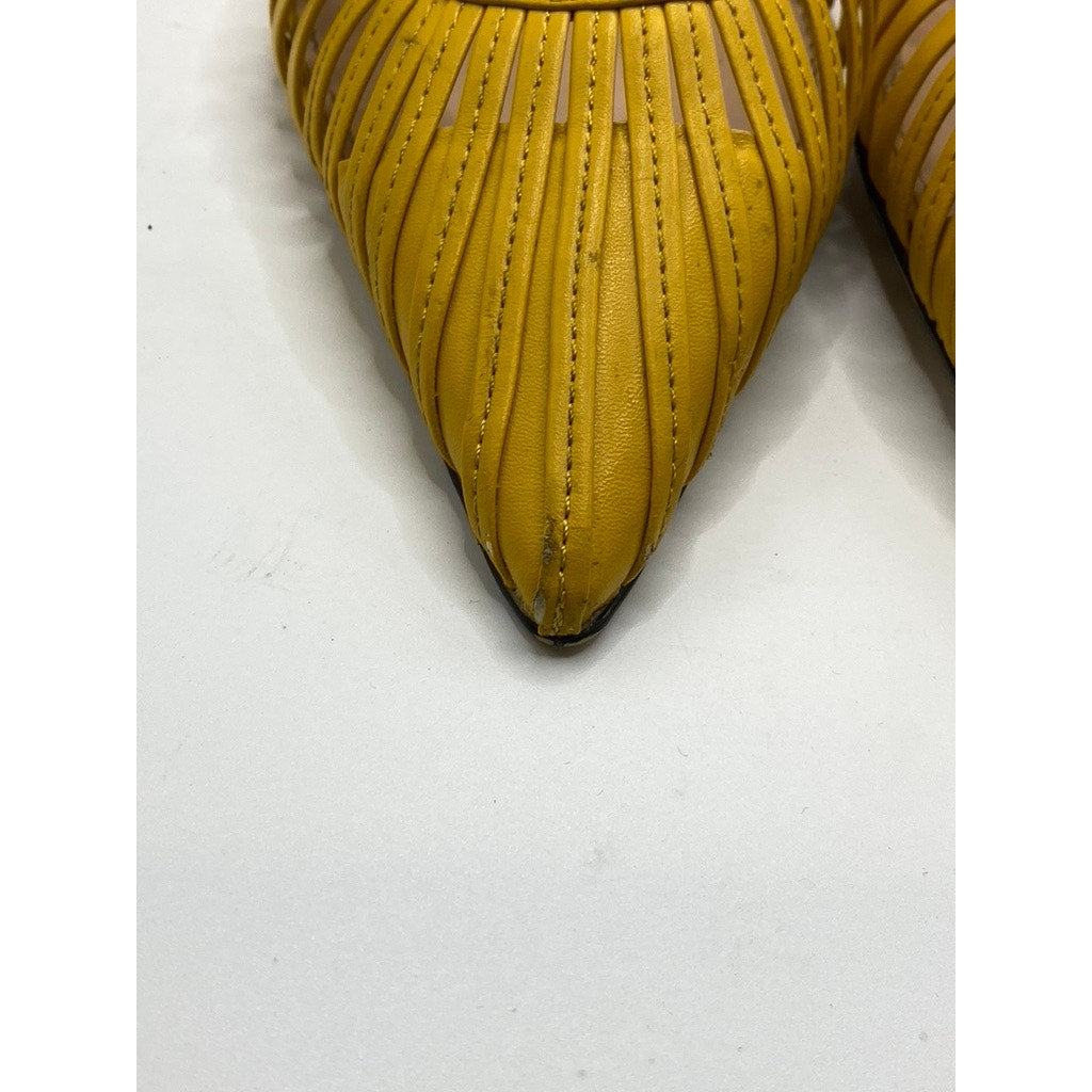 ZARA Women’s Mustard Yellow Cutout Strappy Pointed-Toe Slingback Heels SZ US6.5