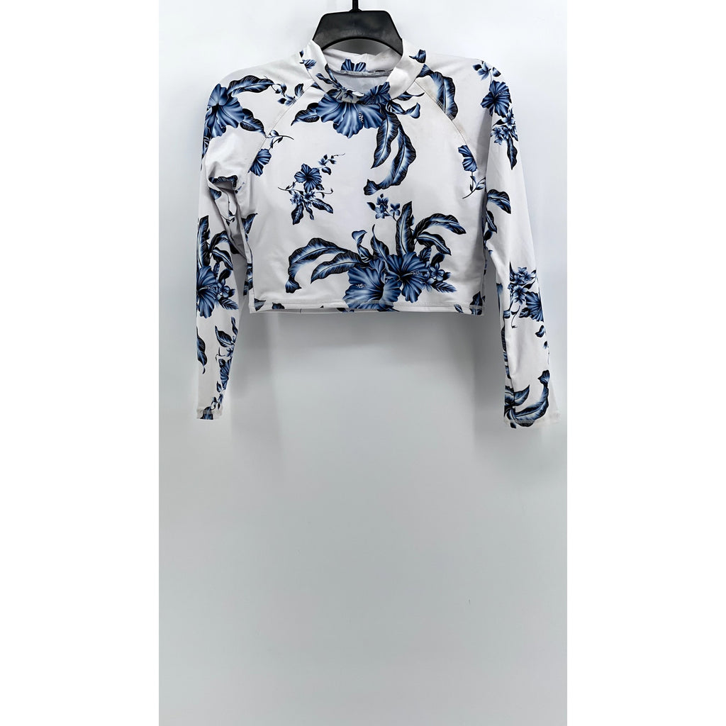 UNBRANDED Women's White-Blue Floral Crewneck Long Sleeve Cropped Swim Top SZ L